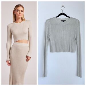 NWT Generation Love Stassie Lurex Long Sleeve Cropped Ribbed Sweater Champagne